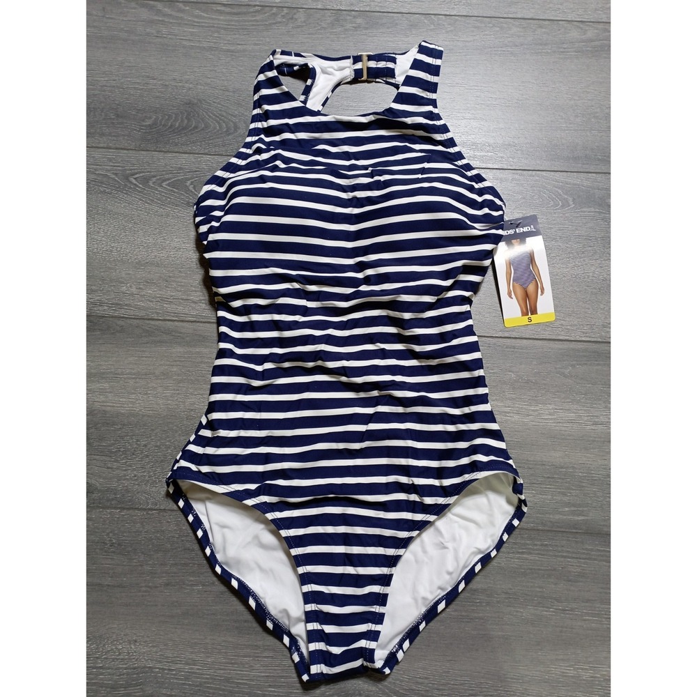 Lands' End One Piece Swimsuit Navy Striped High Neck Women Small 1748797